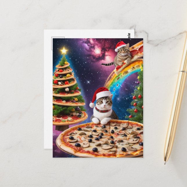 Adorable Christmas Pizza Cats Postkarte (Vorderseite/Rückseite Beispiel)
