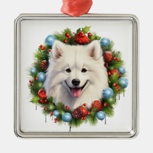ADORABLE CHRISTMAS SAMOYED DOG WREATH ORNAMENT AUS METALL