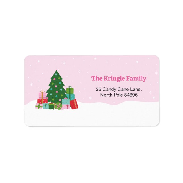 Adorable Christmas Tree and Gifts in Pink Adressaufkleber (Vorne)