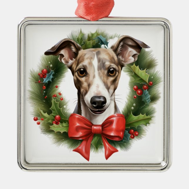 ADORABLE CHRISTMAS WHIPPET DOG WREATH ORNAMENT AUS METALL (Vorne)