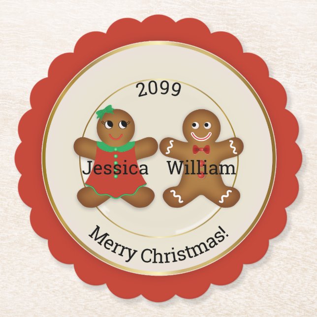 Adorable Couple Gingerbrot Ornament w Year Untersetzer (Vorderseite)