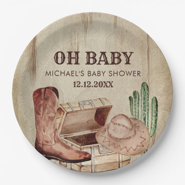 Adorable Cowboy Baby Shower Western Boots Pappteller (Vorderseite)
