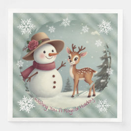 Adorable Deer And Snowman Holiday Serviette