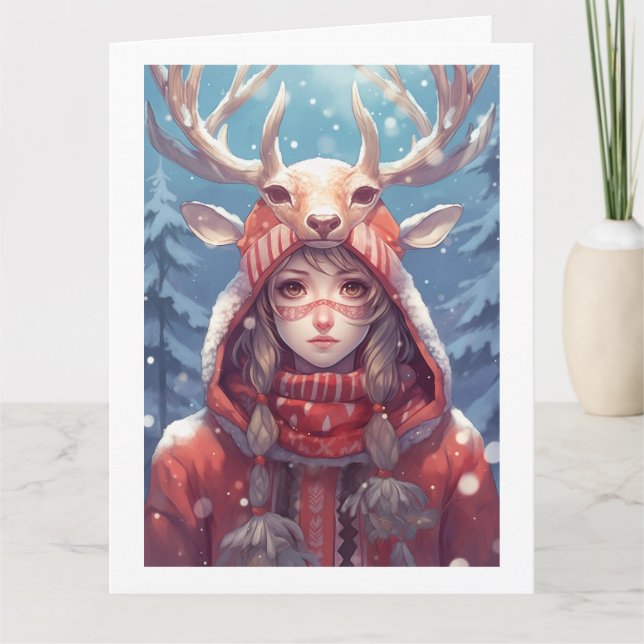 Adorable Deer Anime Girl, Red Hoodie, Holiday Card Dankeskarte (Vorderseite)