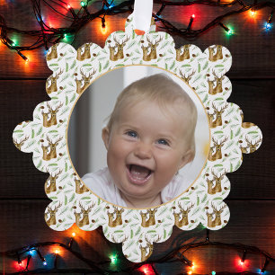 Adorable Deer Pattern Baby's First Christmas Foto Ornament Karte