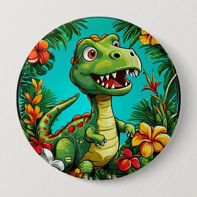 Adorable Dinosaurier umgeben von farbenfrohen Blum Button (Vorderseite)