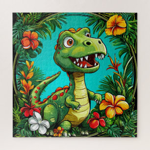 Adorable Dinosaurier umgeben von farbenfrohen Blum Puzzle