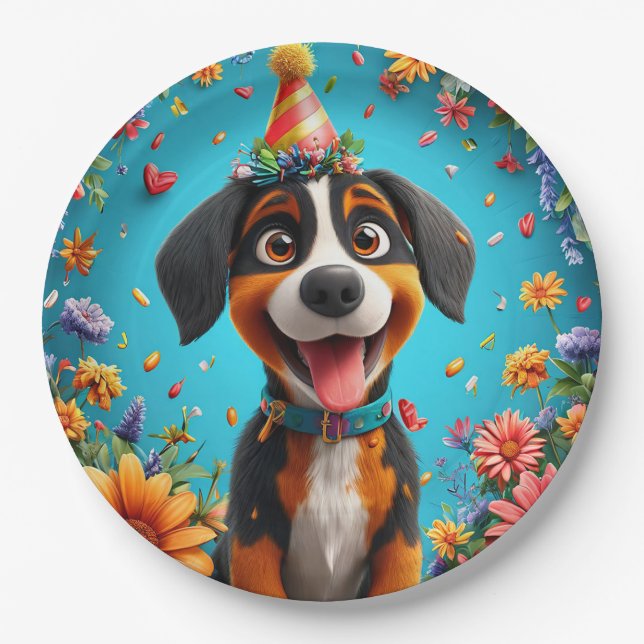 Adorable Dog feiert Geburtstagsparty Pappteller (Vorderseite)