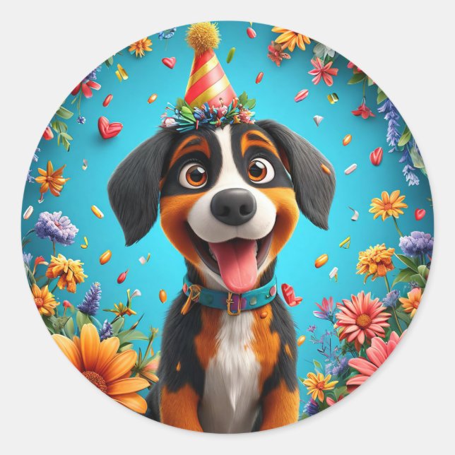 Adorable Dog feiert Geburtstagsparty Runder Aufkleber (Vorderseite)