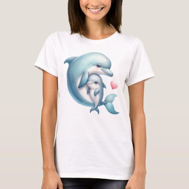 Adorable Dolphin Mother and Baby Heart Illustratio T-Shirt (Vorderseite)