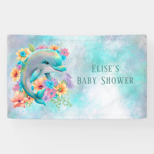 Adorable Dolphin und Florals Babydusche Banner (Horizontal)