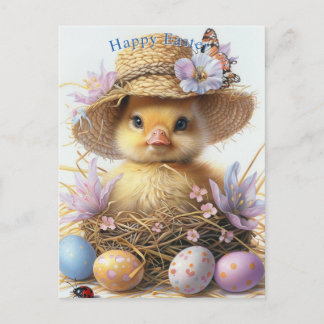 Adorable Duckling Straw Hat Easter Egg Flowers Postkarte