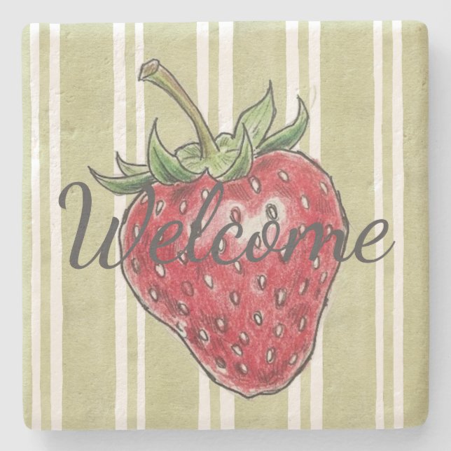 Adorable dusty strawberry Green stripes trendy Steinuntersetzer (Vorderseite)