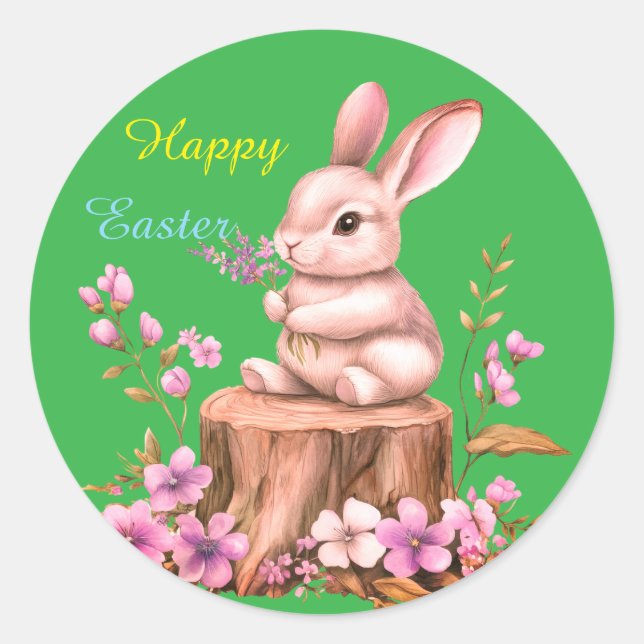 Adorable Easter Bunny on Tree Stump Sticker (Vorderseite)