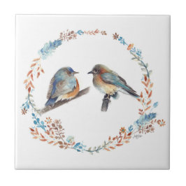 Adorable Eastern Bluebird Couple Floral Wreath Fliese
