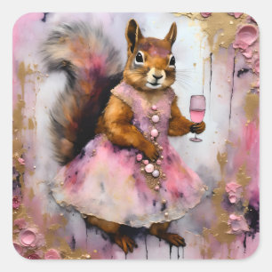 Adorable Eichhörnchen in einem rosa Kleid mit eine Quadratischer Aufkleber