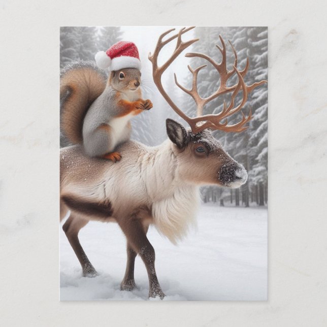 Adorable Eichhörnchen Santa und Rentier Postkarte (Vorderseite)