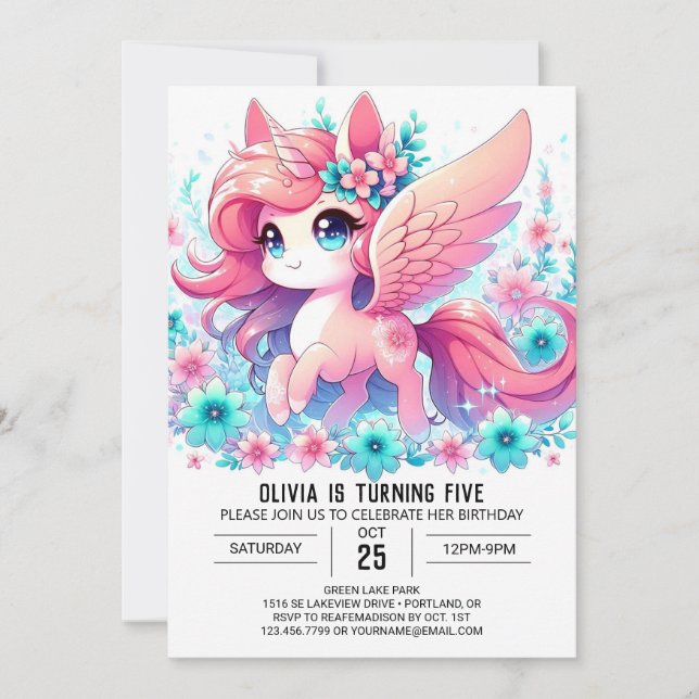 Adorable Elegante Einhorn Einladung (Vorderseite)