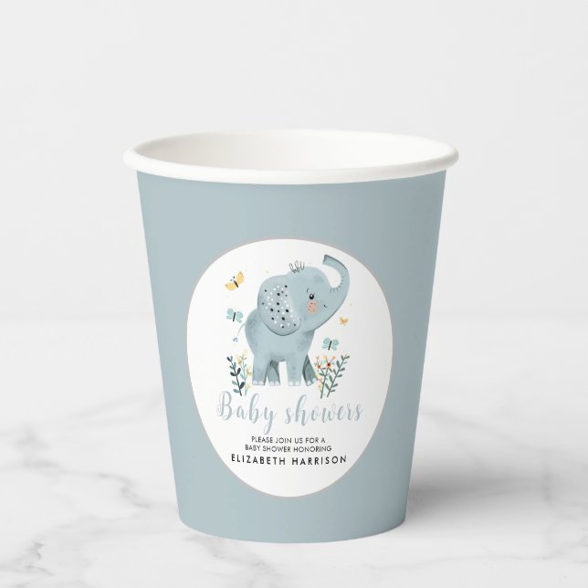 Adorable Elephant Blue Baby Boy Dusche Pappbecher (Vorderseite)
