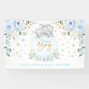 Adorable Elephant Blue Floral Boy Baby Dusche Banner