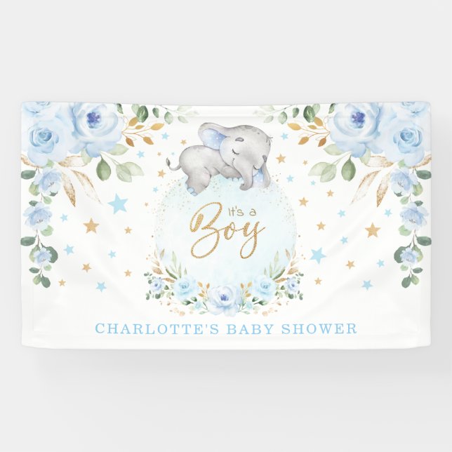 Adorable Elephant Blue Floral Boy Baby Dusche Banner (Horizontal)
