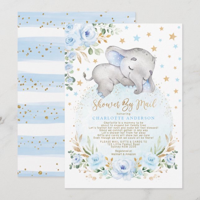 Adorable Elephant Blue Gold Baby Dusche per Mail Einladung (Vorne/Hinten)