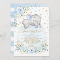 Adorable Elephant Blue Gold Baby Dusche per Mail