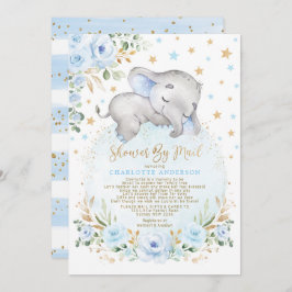 Adorable Elephant Blue Gold Baby Dusche per Mail Einladung
