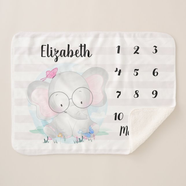 Adorable Elephant Butterflies Baby Milestone Sherpadecke (Vorderseite (Horizontal))