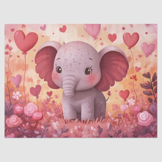Adorable Elephant Calf Hearts & Blume Decoupage Seidenpapier (Vorderseite)
