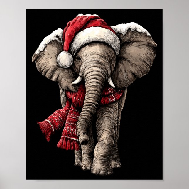 Adorable Elephant In Santa Hat Snowy Winter Christ Poster (Vorne)