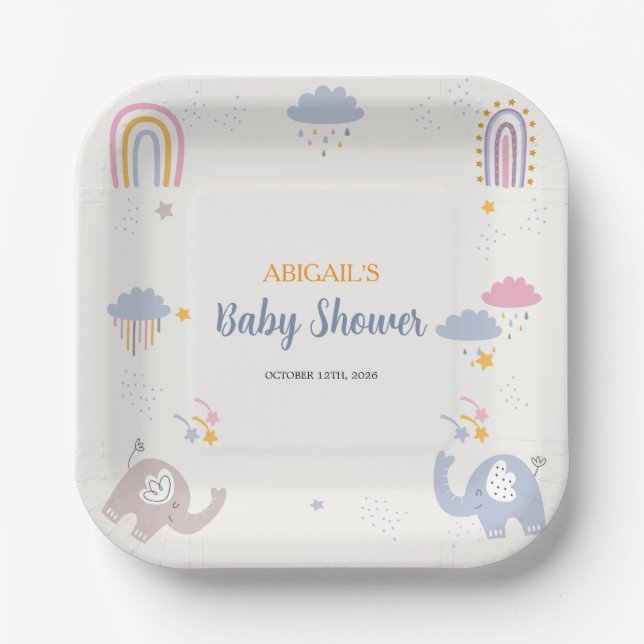 Adorable Elephant Rainbow Baby Shower Paper Plate Pappteller (Vorderseite)