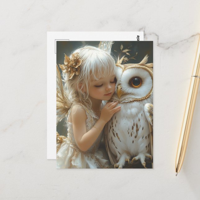 Adorable Fairy and Owl Postkarte (Vorderseite/Rückseite Beispiel)