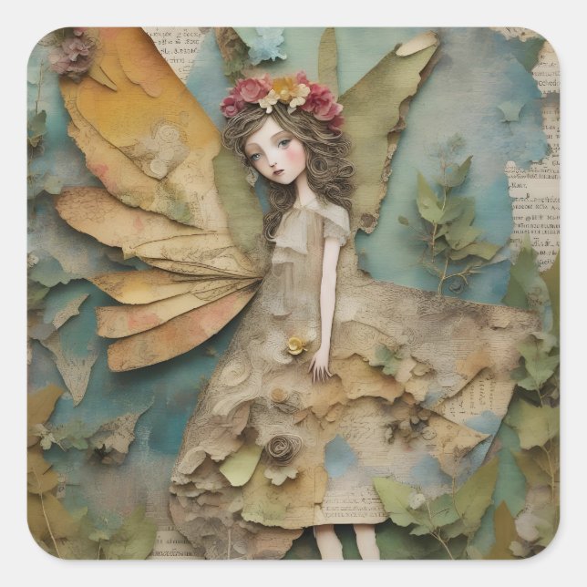 Adorable Fairy Mixed Media Collage Quadratischer Aufkleber (Vorderseite)