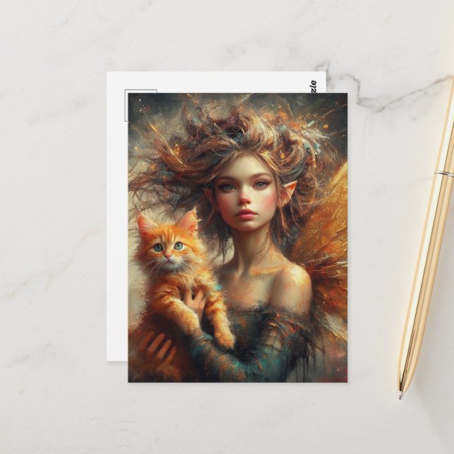 Adorable Fairy und ihre Ginger Kitten Postkarte (Vorderseite/Rückseite Beispiel)