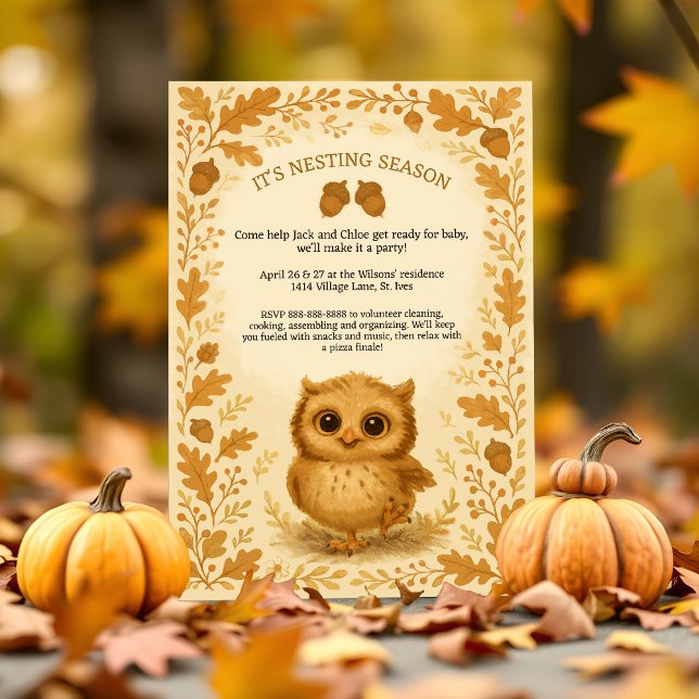 Adorable Fall Nesting Party Whimsical Owl Woodland Einladung (Whimsical fall baby shower invite with cute owl, rustic woodland charm, and autumn foliage.)
