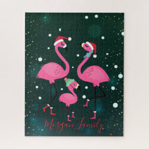 Adorable Familie Flamingos Weihnachtsmannmütze Grü Puzzle