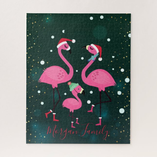 Adorable Familie Flamingos Weihnachtsmannmütze Grü Puzzle (Vertikal)