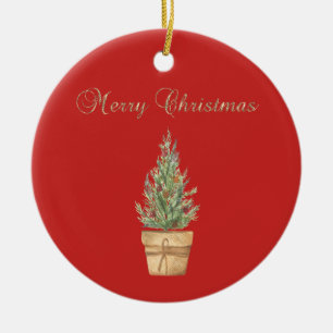 Adorable Faux Gold ,Christmas Tree Red Keramik Ornament