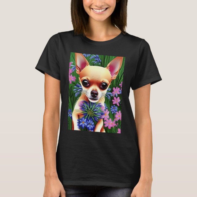 Adorable Fawn Chihuahua Playing in Flowers T-Shirt (Vorderseite)