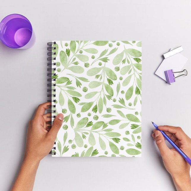 Adorable feminine Aquarellmuster Grüne Notizbuch (Hand painted watercolor plants in green and white background. )