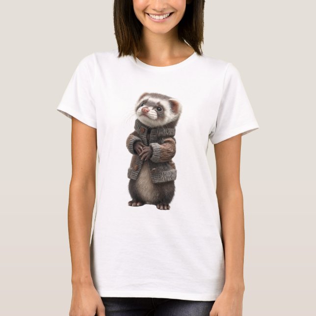 Adorable Ferret in Knitted Brown Cardigan T-Shirt (Vorderseite)
