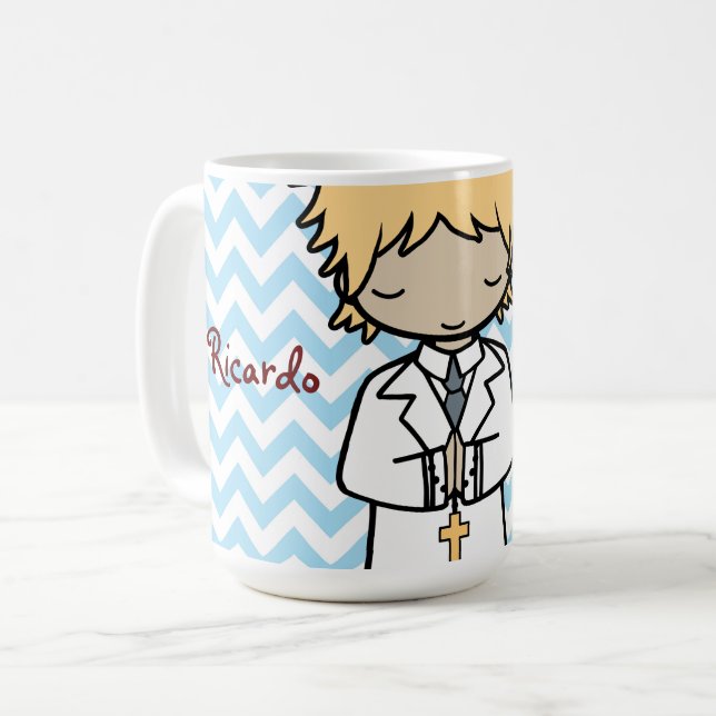 Adorable First Heilige Kommunion Blonde Junge Kaffeetasse (Vorderseite Links)