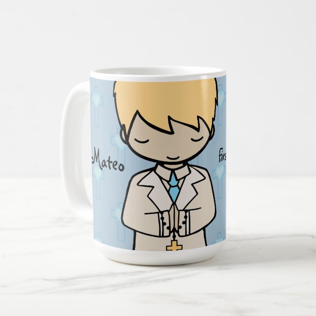 Adorable First Heilige Kommunion Name blau Kaffeetasse (Vorderseite Links)