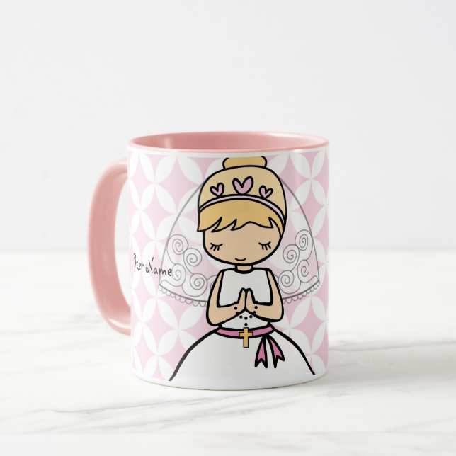 Adorable First Holy Communion Blonde Mädchenname Tasse (Vorderseite Links)