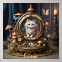 Adorable flauschige Katze in Uhren, Pilze, essbar