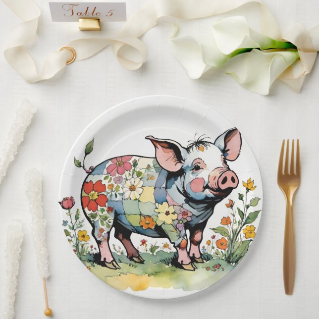 Adorable Floral Patchwork Baby Farm Pig Pappteller (Hochzeit)