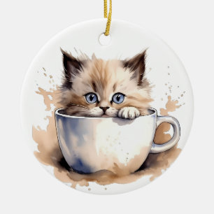 ADORABLE FLÜFFE KITTEN IN EINEM TEACUP KERAMIK ORNAMENT