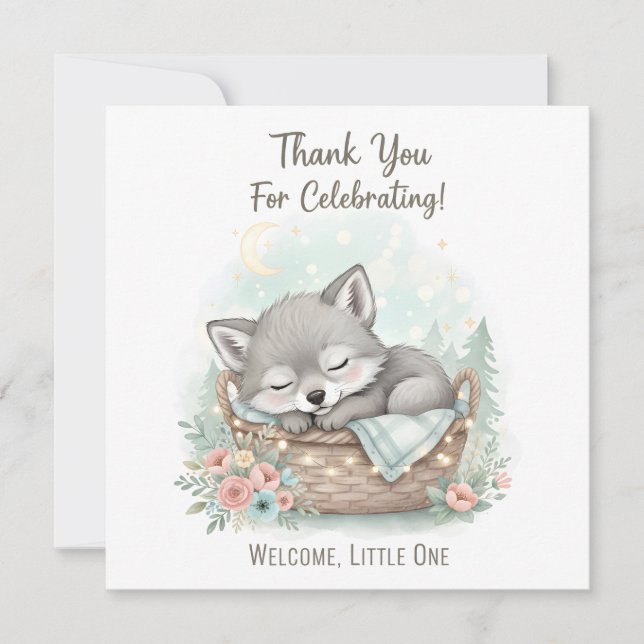 Adorable, fluffy baby wolf  Baby Shower  Dankeskarte (Vorderseite)
