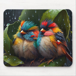 Adorable Fluffy Bunte Vögel im Regen Mousepad